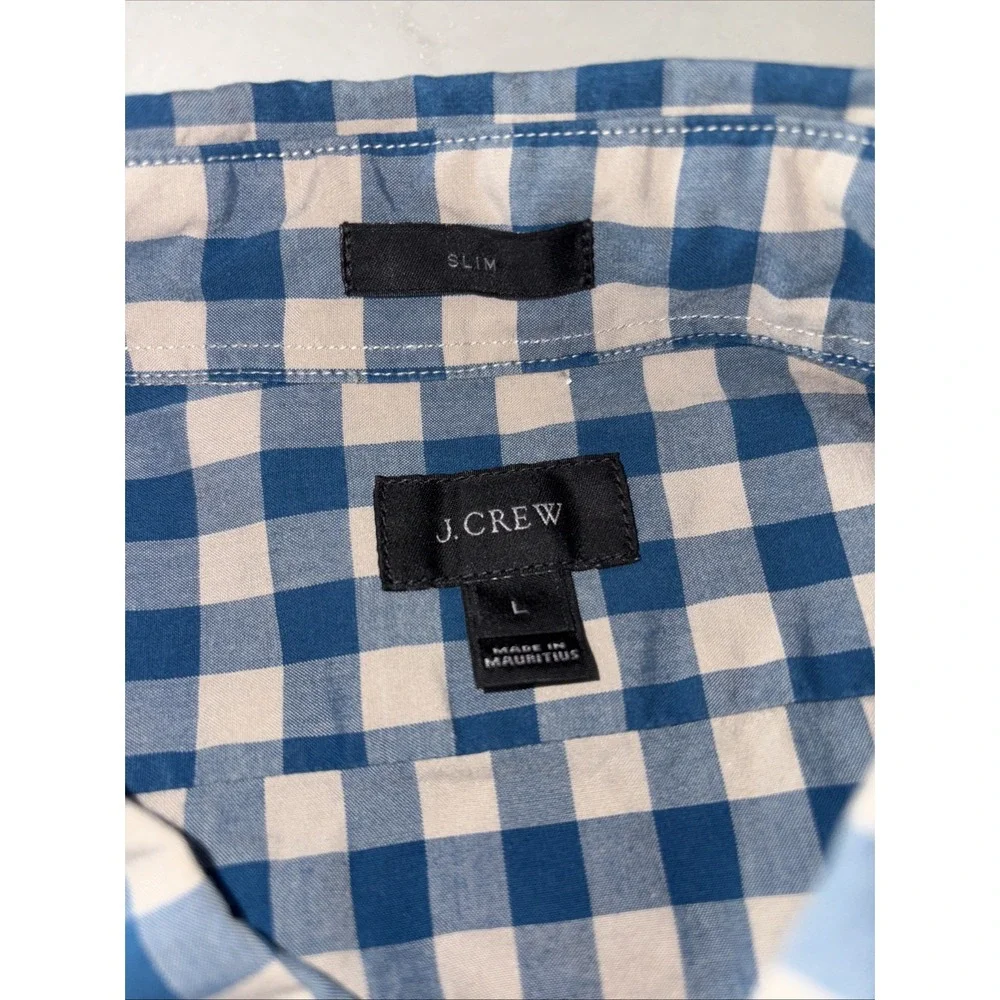J Crew Slim Fit Blue Tan‎ Gingham Plaid Button-Down Shirt L 100% Cotton Men's